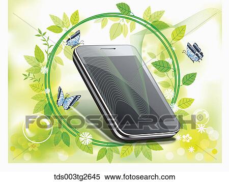 Stock Illustration - Smart phone with green leaves and blue butterflies. Fotosearch