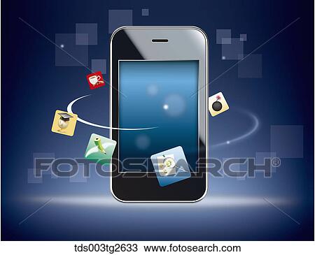 Drawing - Smart phone with various application icons. Fotosearch