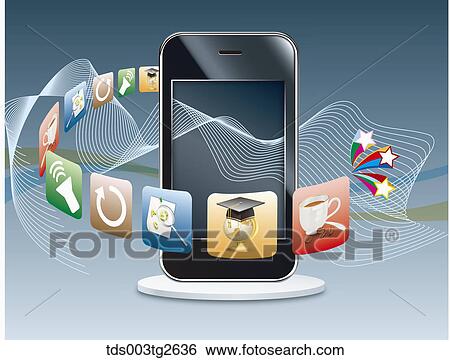 Stock Illustration - Smart phone with various application icons. Fotosearch