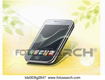 Smart phone with various application icons and leaves View Large Illustration Stock Illustration - Smart phone with various application icons and leaves. Fotosearch