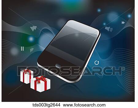 Smart phone with various icons and gift boxes View Large Illustration Stock Illustration - Smart phone with various icons and gift boxes. Fotosearch