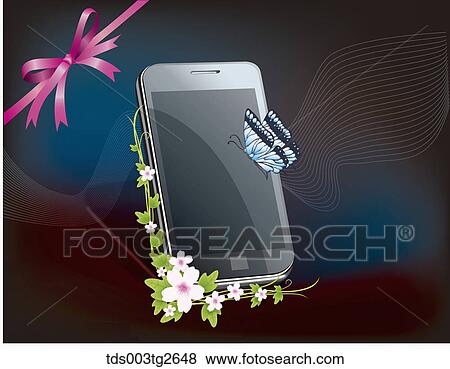 Smart phone with white flowers and a butterfly View Large Illustration Stock Illustration - Smart phone with white flowers and a butterfly. Fotosearch