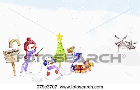 snowmen with Christmas trees and gift boxes in winter View Large Illustration Stock Illustration - snowmen with Christmas trees and gift boxes in winter . Fotosearch