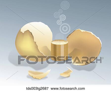 Stock Illustration - Stacks of gold coins from cracked gold shell. Fotosearch