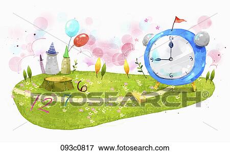 Stock Illustration - The big clock and numbers on the grass field . Fotosearch