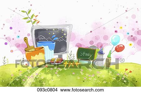 Stock Illustration - The blackboard and paint baskets in the park. Fotosearch
