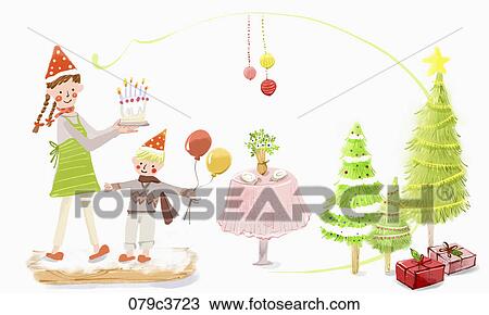 Drawing - The Christmas party at home. Fotosearch