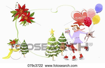 The Frame With Christmas Trees And A Snowman Drawing 079c3722 Fotosearch