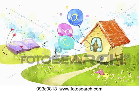 Drawing - The house and a book on the grass field. Fotosearch