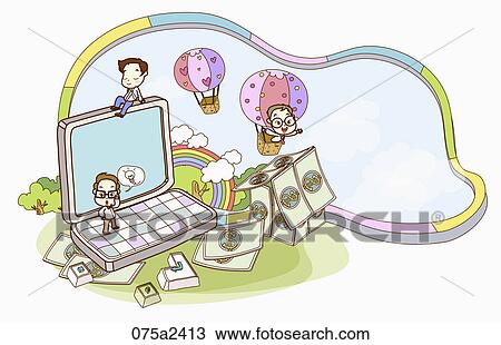 Drawing - The image of financial business with a computer. Fotosearch