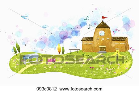 Drawing - The long road to school on the grass field. Fotosearch