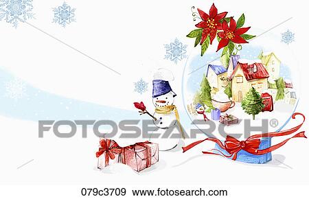 Stock Illustration - The snowman and the snow-covered house in the marble. Fotosearch