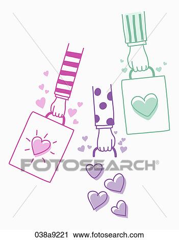 Three arms holding bags View Large Illustration Clip Art - Three arms holding bags. Fotosearch