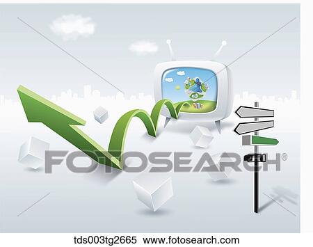 Stock Illustration - Town of buildings on television and green arrow. Fotosearch