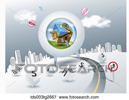 Town on cube in white round shape and word business View Large Illustration Stock Illustration - Town on cube in white round shape and word business. Fotosearch