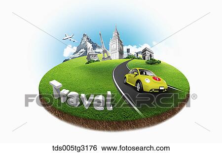 Travel with a car and famous travel spots View Large Illustration Stock Illustration - Travel with a car and famous travel spots. Fotosearch