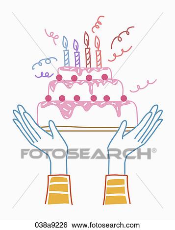 Two hands serving a birthday cake View Large Illustration Stock Illustration - Two hands serving a birthday cake. Fotosearch