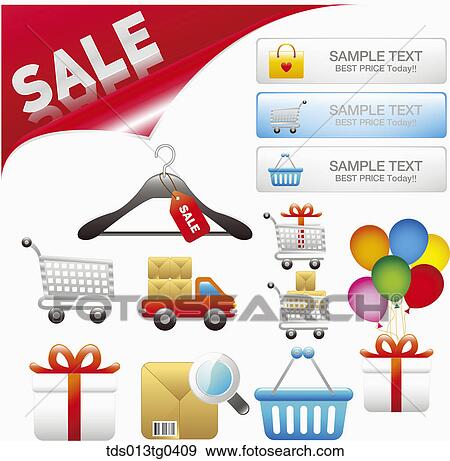 Various icons for sale and shopping View Large Illustration Stock Illustration - Various icons for sale and shopping. Fotosearch