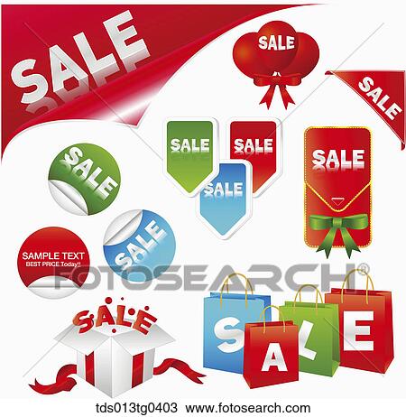 Various icons for sale in red, green and blue View Large Illustration Drawing - Various icons for sale in red, green and blue. Fotosearch