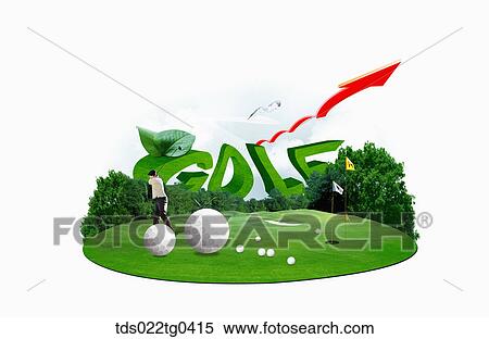 Stock Illustration - Various image of GOLF with a field and red arrow. Fotosearch