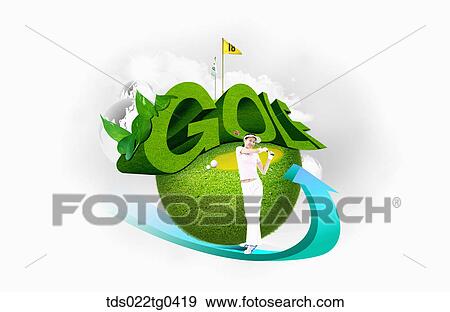 Stock Illustration - Various image of GOLF with a field and blue arrow. Fotosearch