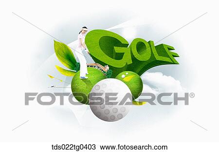Various image of GOLF with gold balls View Large Illustration Drawing - Various image of GOLF with gold balls. Fotosearch