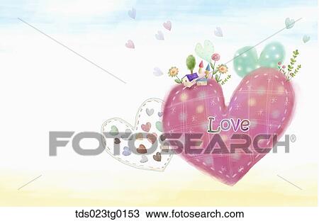 Drawing - Various image of hearts and a village. Fotosearch