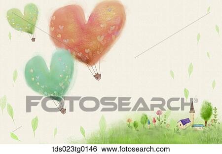 Stock Illustration - Various image of hearts and hot air balloons. Fotosearch