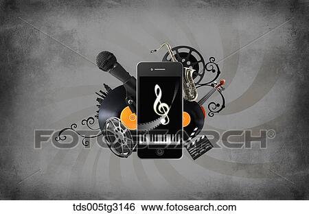 Stock Illustration - Various muscial icons with a smart phone. Fotosearch