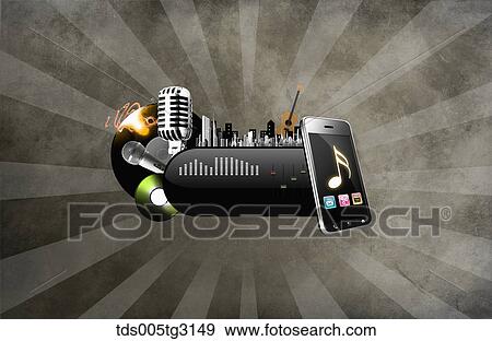 Various muscial icons with a smart phone View Large Illustration Stock Illustration - Various muscial icons with a smart phone. Fotosearch