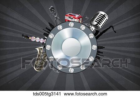 Various musical icons on a round board View Large Illustration Clip Art - Various musical icons on a round board. Fotosearch