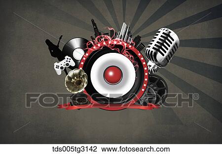 Various musical icons on a round shape with red flame View Large Illustration Drawing - Various musical icons on a round shape with red flame. Fotosearch