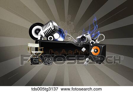 Various musical icons with a camera and blue flame View Large Illustration Stock Illustration - Various musical icons with a camera and blue flame. Fotosearch