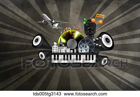 Various musical icons with a keyboard and an airplane View Large Illustration Drawing - Various musical icons with a keyboard and an airplane. Fotosearch