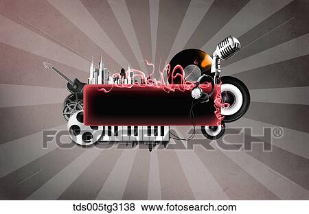 Stock Illustration - Various musical icons with a keyboard and red flame. Fotosearch