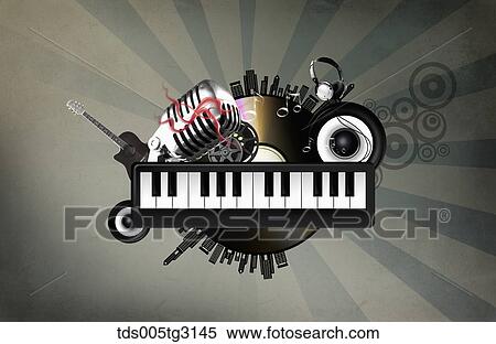 Various musical icons with a keyboard and a LP View Large Illustration Stock Illustration - Various musical icons with a keyboard and a LP. Fotosearch