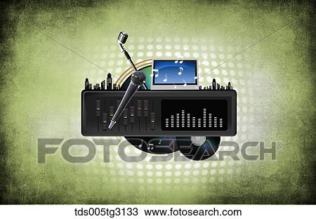 Drawing - Various musical icons with microphone and a monitor. Fotosearch
