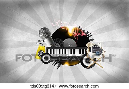 Stock Illustration - Various musical icons with red and yellow flame. Fotosearch
