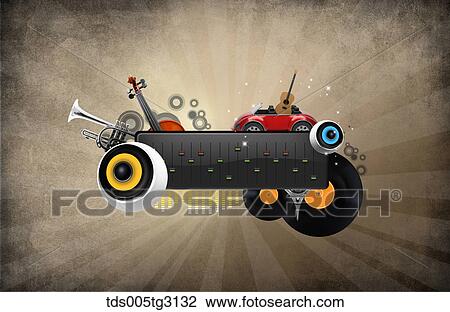 Various musical icons with red car and a guitar View Large Illustration Drawing - Various musical icons with red car and a guitar. Fotosearch