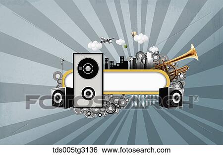 Stock Illustration - Various musical icons with speakers and a saxophone. Fotosearch