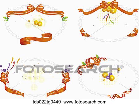 Stock Illustration - Various oval postcards with orange ribbons and stars. Fotosearch