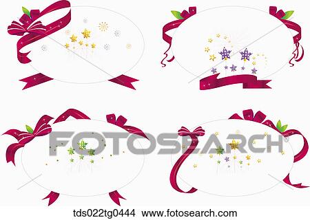 Various oval postcards with purple ribbons and stars View Large Illustration Stock Illustration - Various oval postcards with purple ribbons and stars. Fotosearch