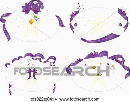 Various oval postcards with purple ribbons and balls View Large Illustration Stock Illustration - Various oval postcards with purple ribbons and balls. Fotosearch