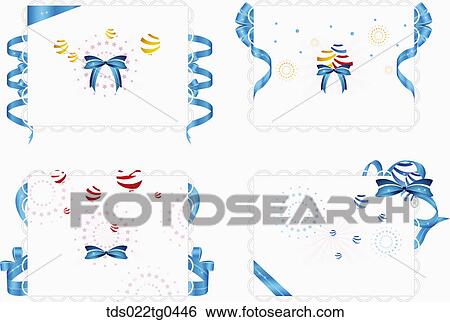 Stock Illustration - Various rectangle postcards with blue rbbons and balloons. Fotosearch