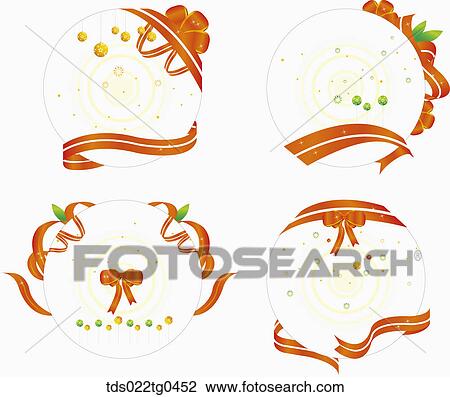 Drawing - Various round postcards with orange ribbons . Fotosearch