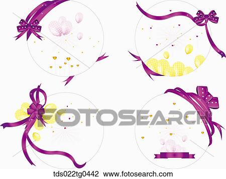 Various round postcards with purple ribbons and balloons View Large Illustration Drawing - Various round postcards with purple ribbons and balloons. Fotosearch