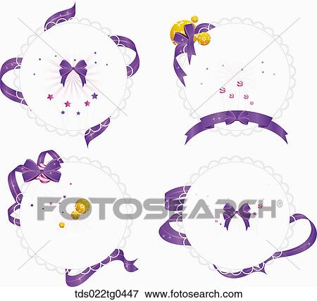 Stock Illustration - Various round postcards with purple ribbons and stars. Fotosearch