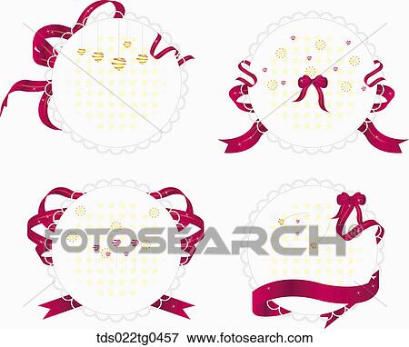 Stock Illustration - Various round postcards with red ribbons and hearts. Fotosearch