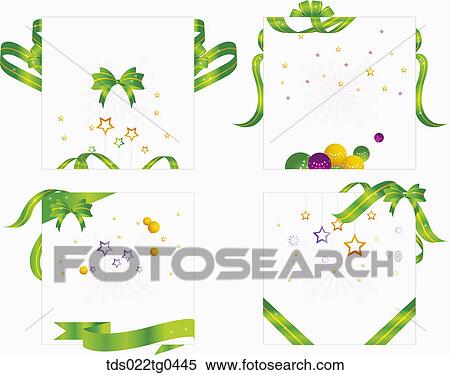 Various square postcads with green ribbons and stars View Large Illustration Stock Illustration - Various square postcads with green ribbons and stars. Fotosearch