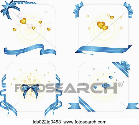 Drawing - Various square postcards with blue ribbons and balloons. Fotosearch